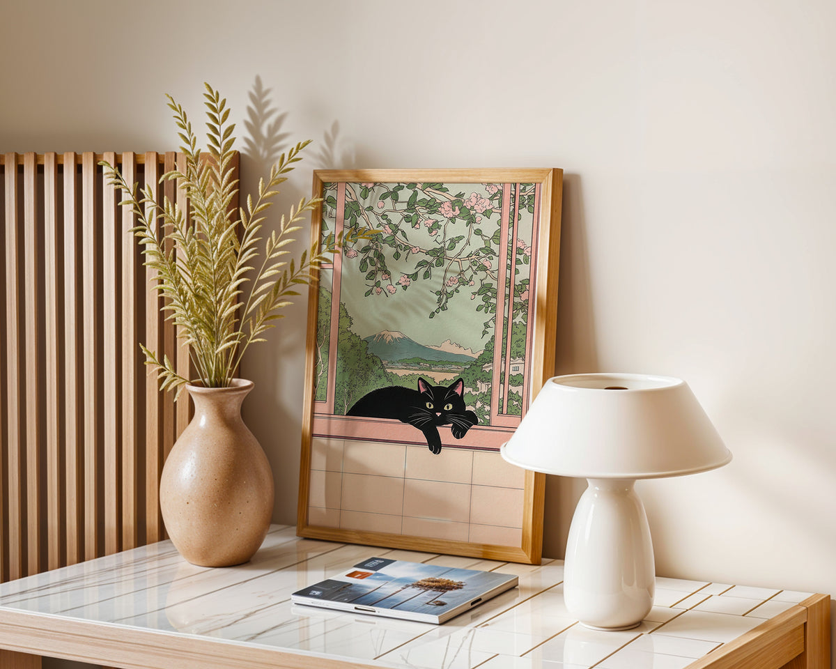 Väggmockup av Black Cat View affisch på ljus tegelvägg – Bozetto konsttryck i hög tryckkvalitet