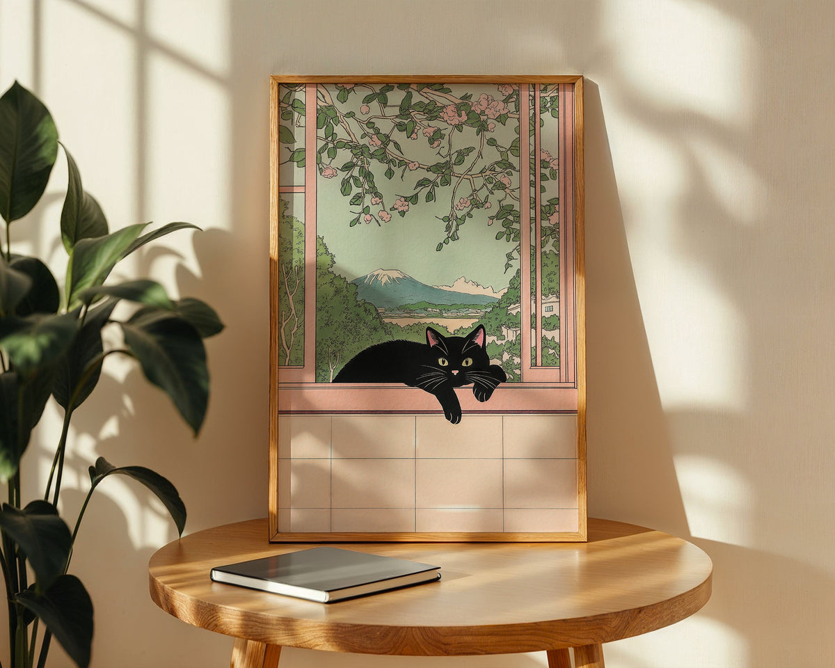 Black Cat View poster visualiserad på vägg – se rätt storlek med mockup från Bozetto