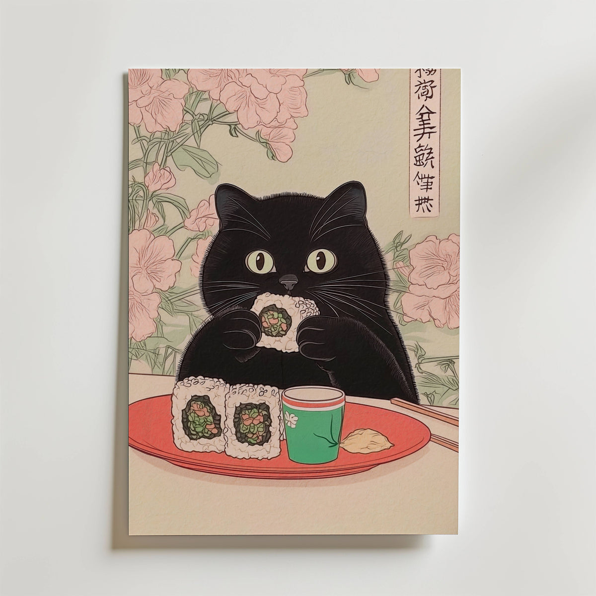 Väggmockup av Sushi Cat affisch på ljus tegelvägg – Bozetto konsttryck i hög tryckkvalitet