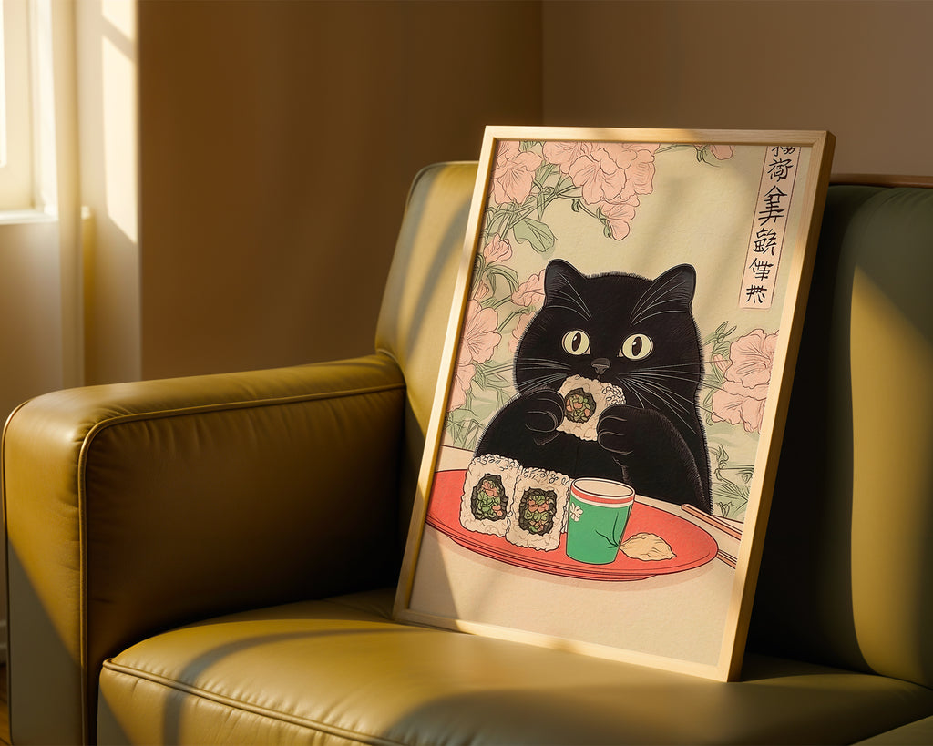 Sushi Cat poster visualiserad på vägg – se rätt storlek med mockup från Bozetto i hög tryckkvalitet