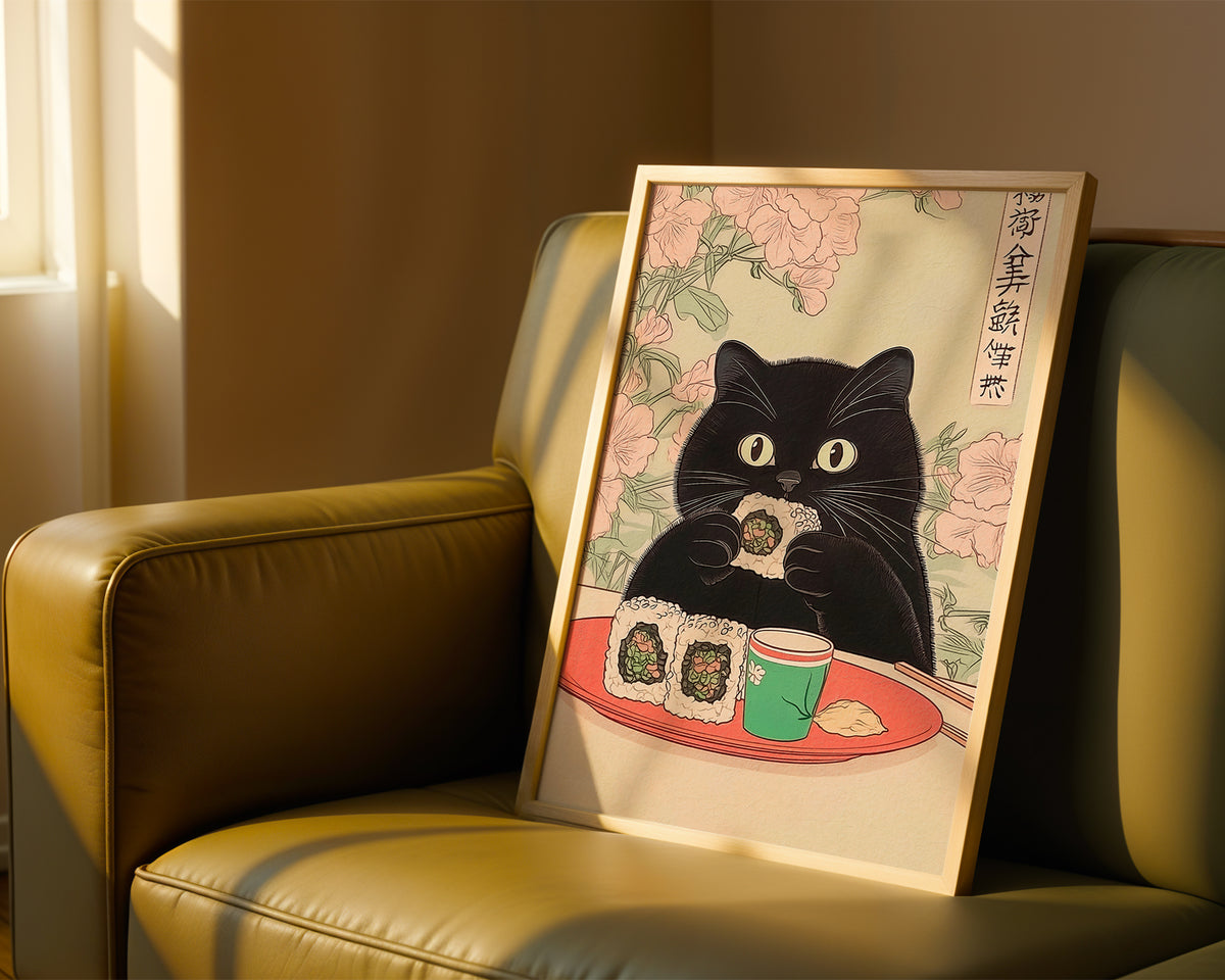 Sushi Cat poster visualiserad på vägg – se rätt storlek med mockup från Bozetto i hög tryckkvalitet