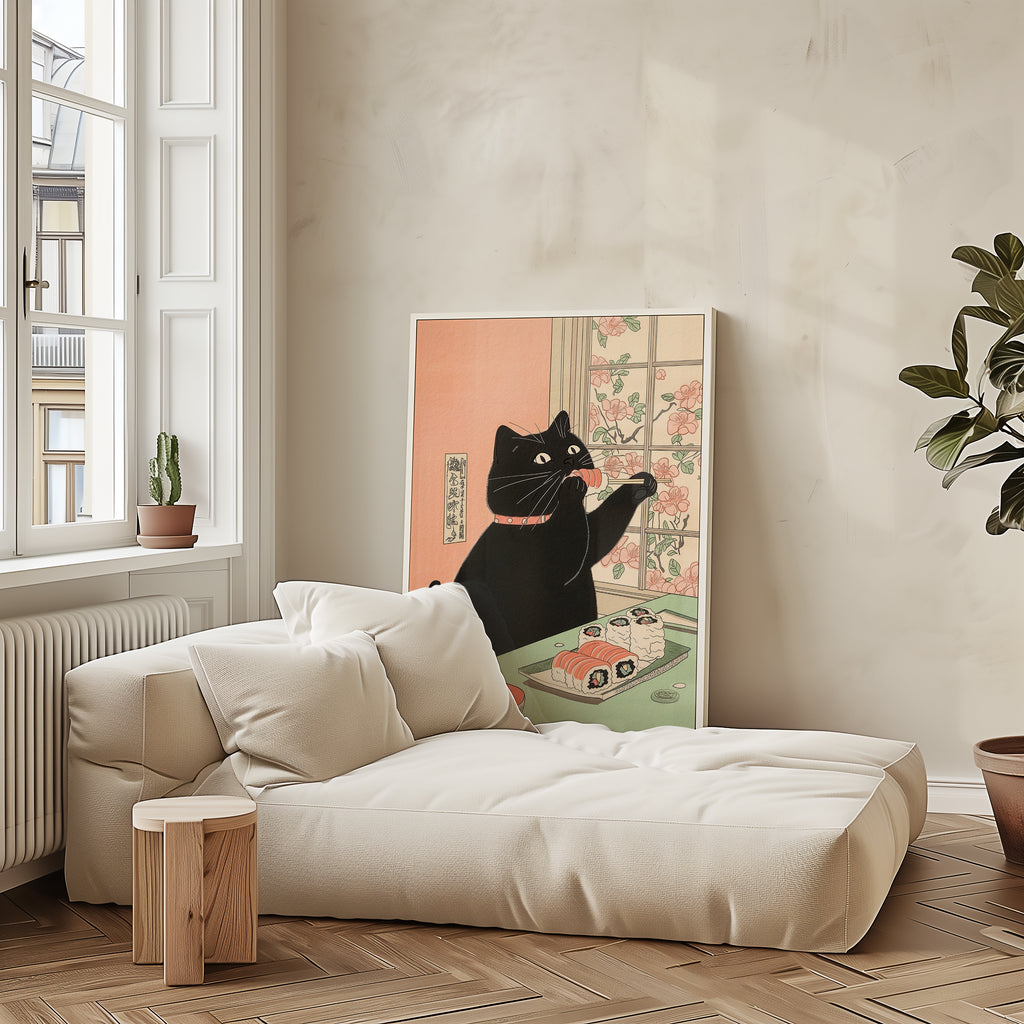 Sushi Feast poster visualiserad på vägg – se rätt storlek med mockup från Bozetto