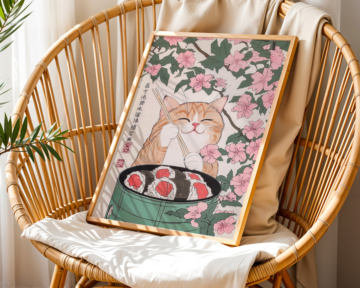 Mockup för Sakura Sushi Cat – se hur affischen ser ut inramad på din vägg, Bozetto