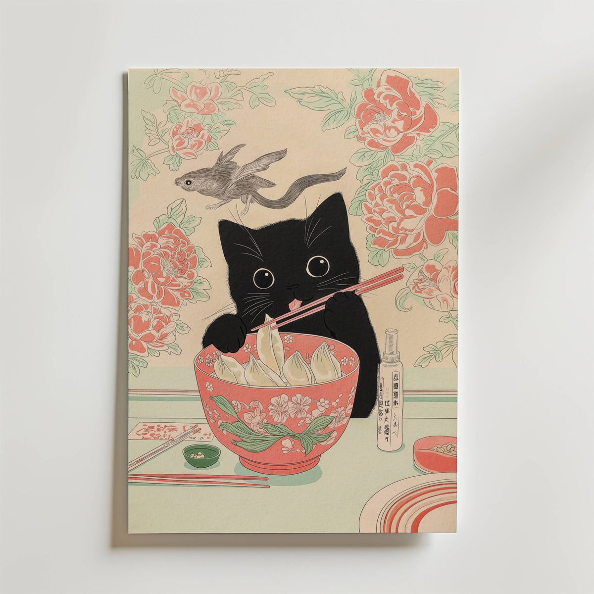 Väggmockup av Dumpling Cat affisch på ljus tegelvägg – Bozetto konsttryck i hög tryckkvalitet