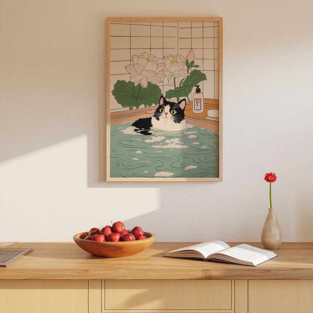 Calm Cat Moment poster visualiserad på vägg – se rätt storlek med mockup från Bozetto