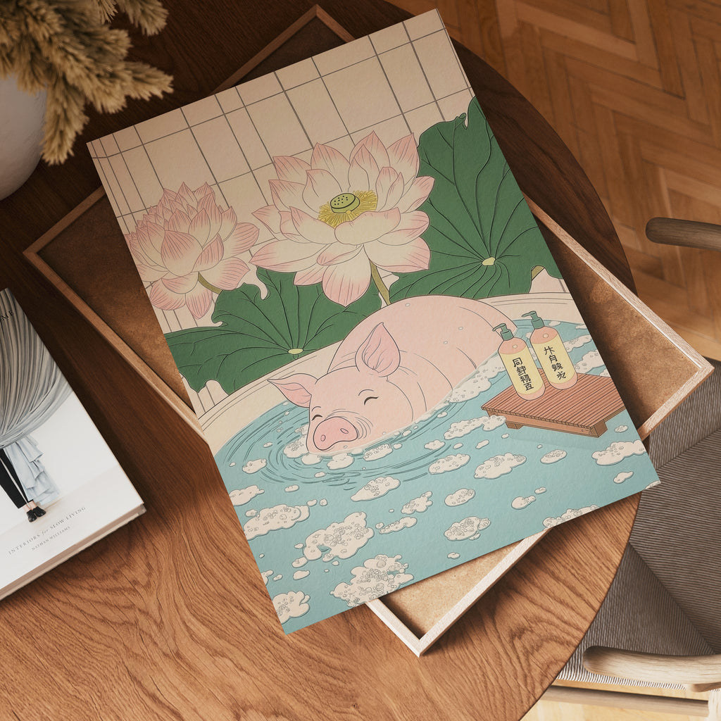 Väggmockup av Pig In Lotus Bath affisch på ljus vägg – Bozetto konsttryck – nr 4