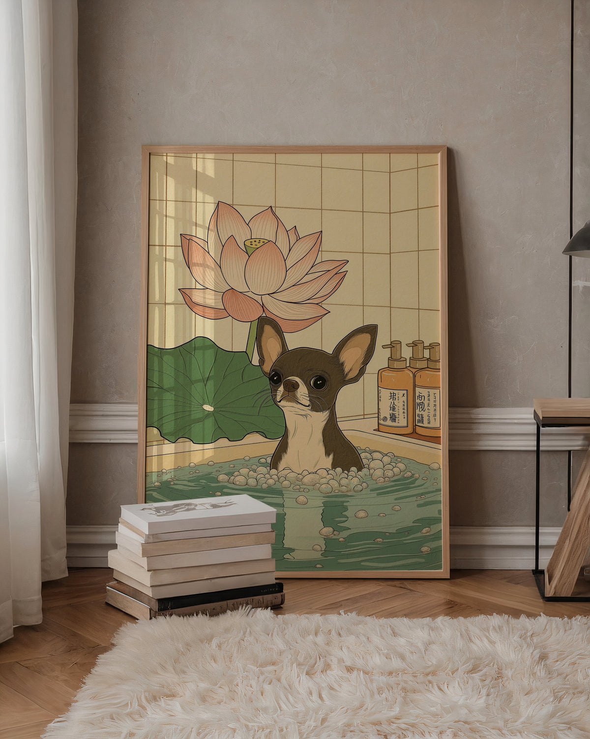 Väggmockup med Chihuahua In Lotus Spa – köp enkelt hos Bozetto affisch i hög kvalitet
