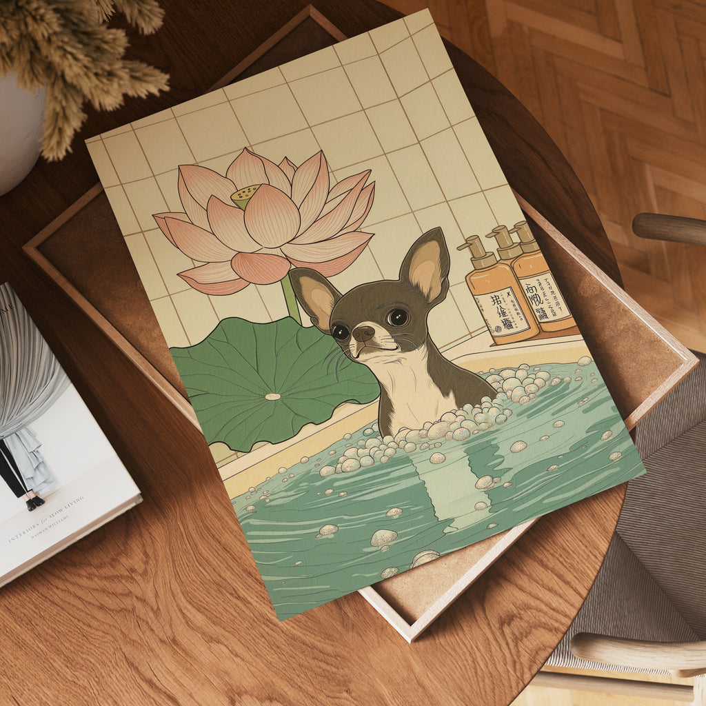 Chihuahua In Lotus Spa poster visualiserad på vägg – stilren mockup från Bozetto