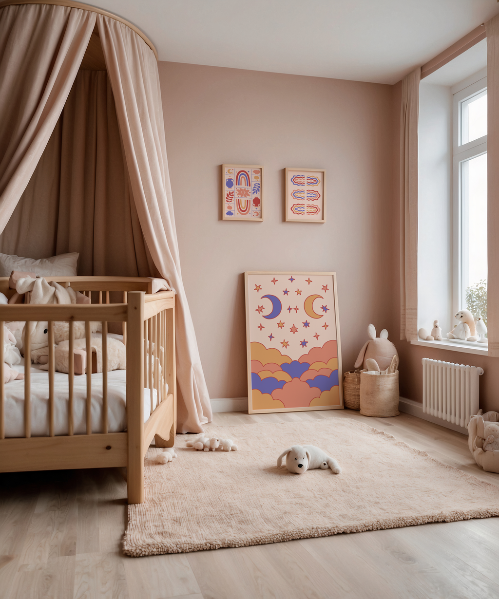 Mockup av Rainbow Harmony affisch på vägg – köp enkelt hos Bozetto i hög kvalitet