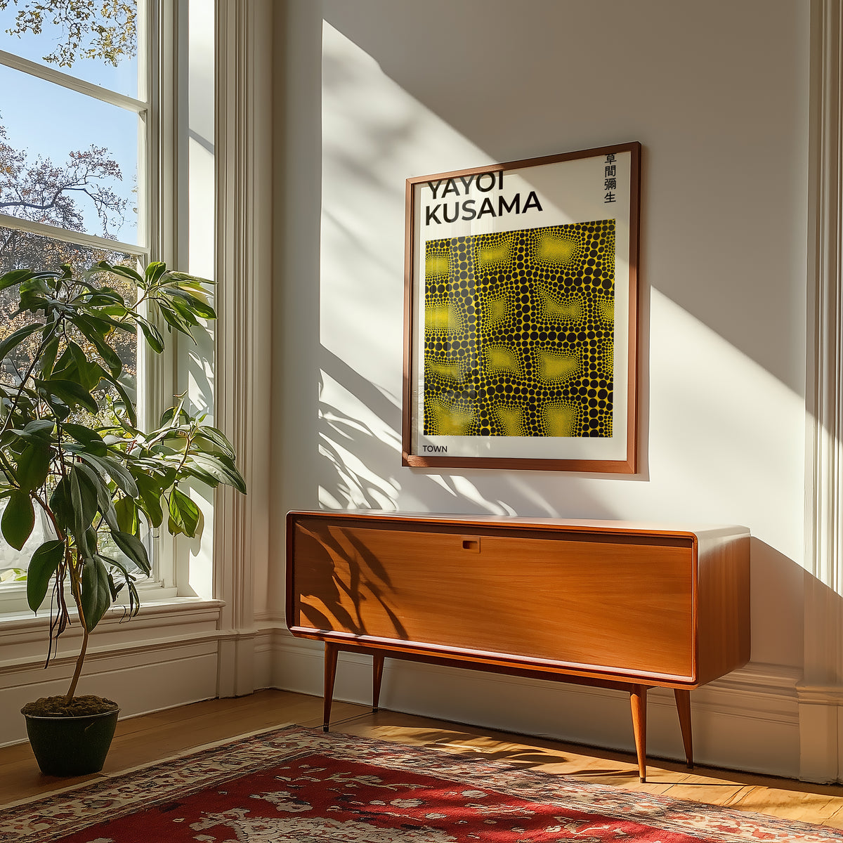Yayoi Kusama Optical Field poster visualiserad på vägg – från Bozetto i hög kvalitet