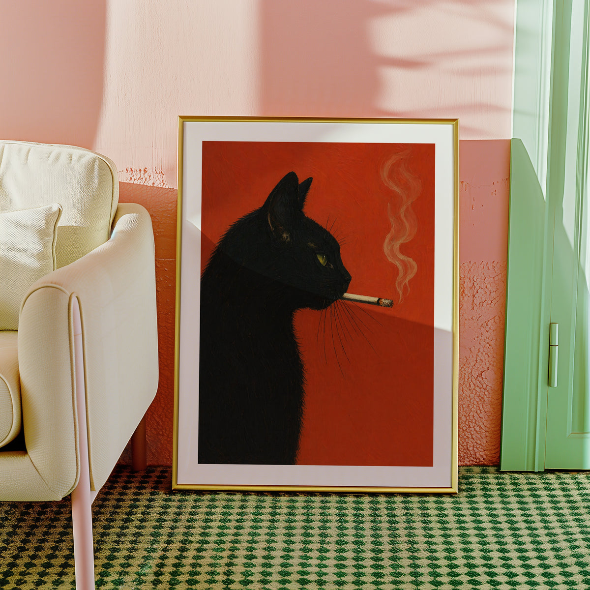 Smoking Cat affisch i ljust minimalistiskt vardagsrum – köp enkelt hos Bozetto i hög kvalitet