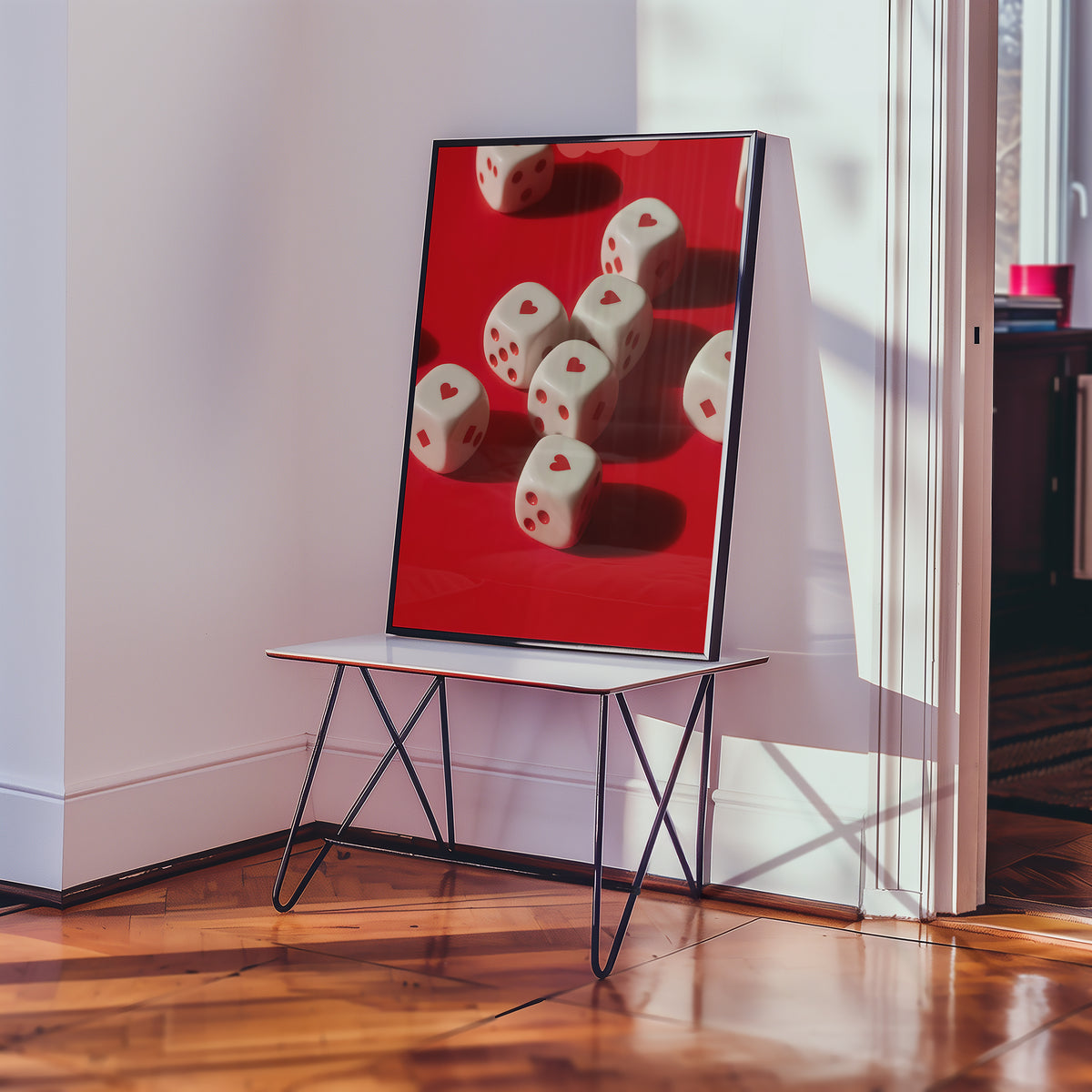 Lucky Hearts poster visualiserad på vägg – se rätt storlek med mockup från Bozetto