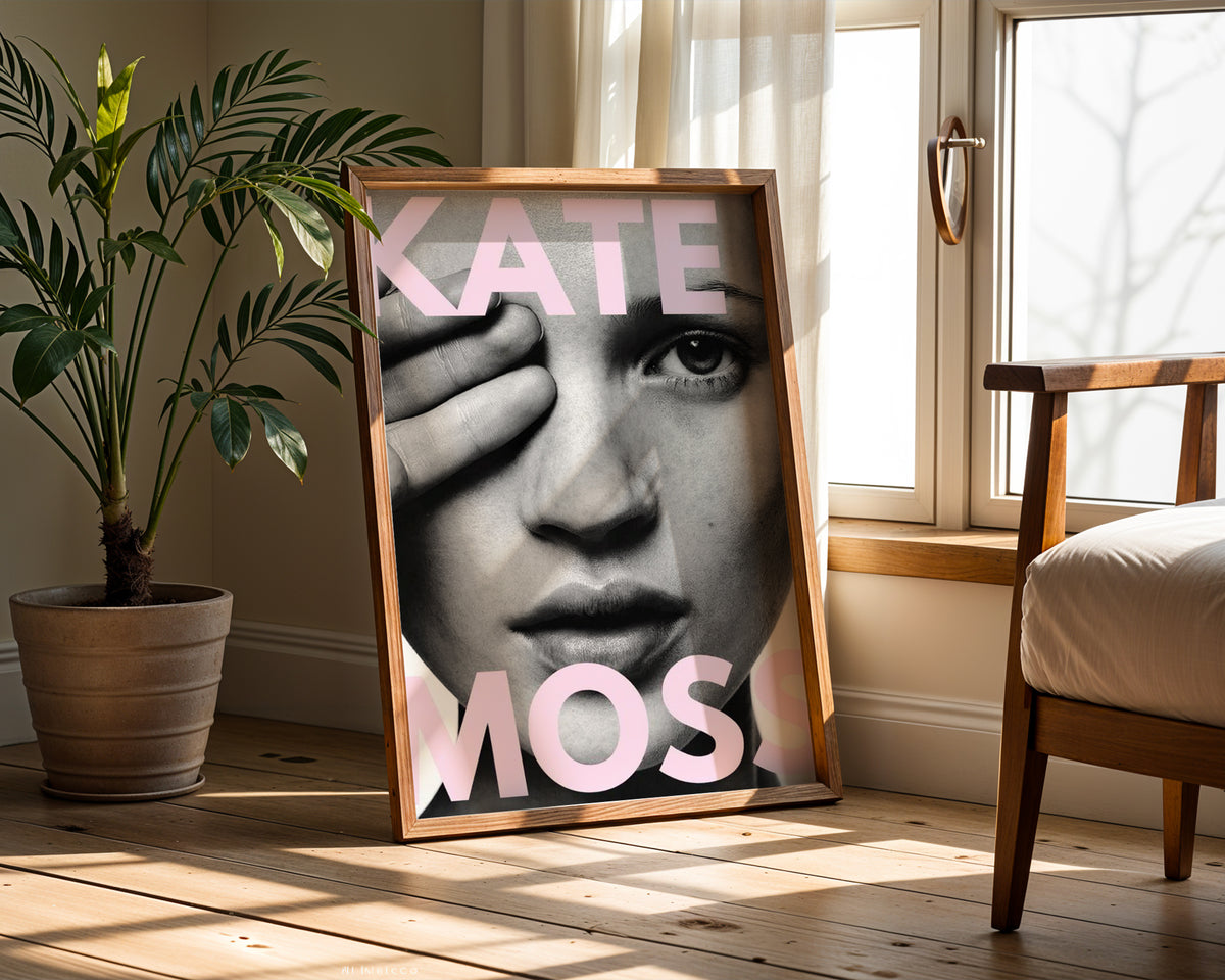 Kate Moss i väggmockup – konsttryck presenterat i verklig miljö av Bozetto i hög tryckkvalitet