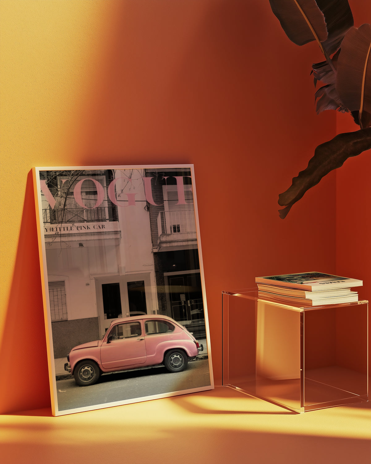Väggmockup av Vogue Pink Car affisch på ljus tegelvägg – Bozetto konsttryck i hög tryckkvalitet