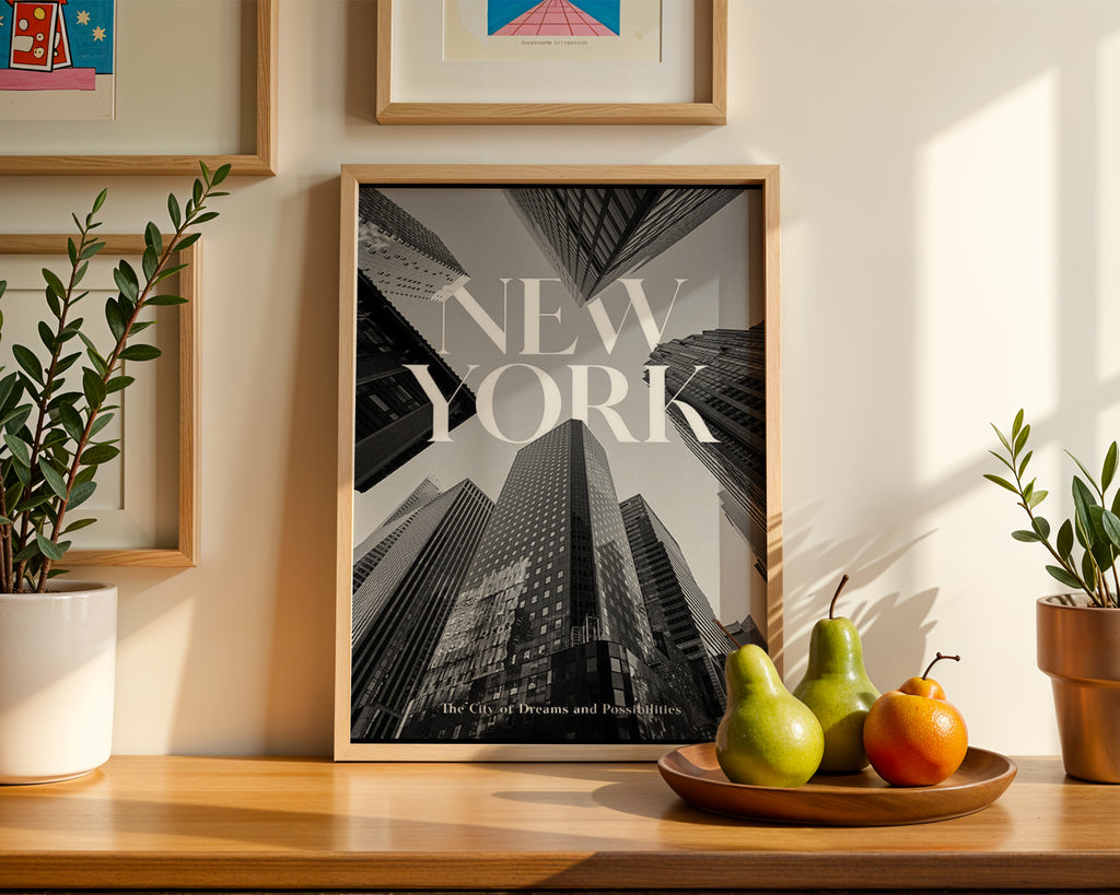 Väggmockup av New York Dreams affisch på ljus tegelvägg – Bozetto konsttryck i hög tryckkvalitet