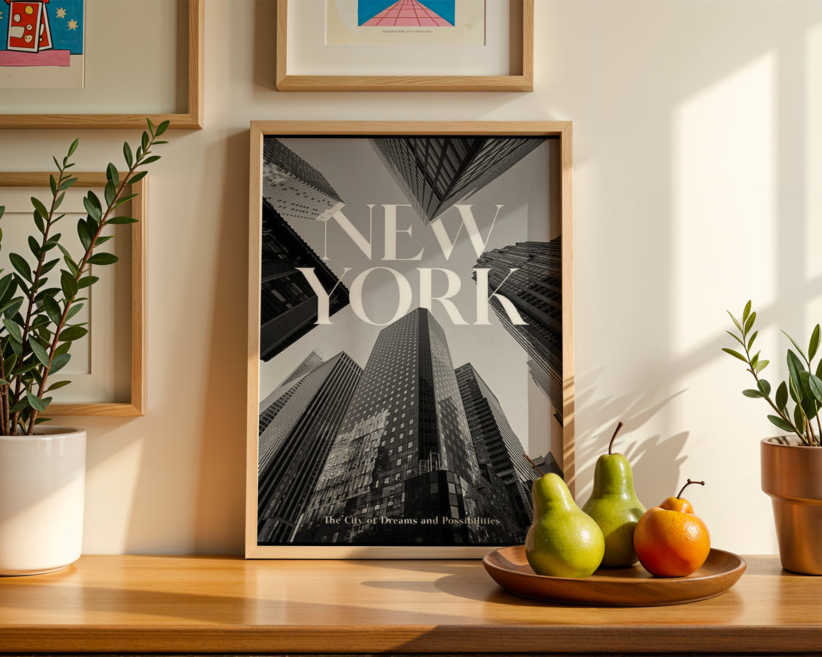 Väggmockup av New York Dreams affisch på ljus tegelvägg – Bozetto konsttryck i hög tryckkvalitet
