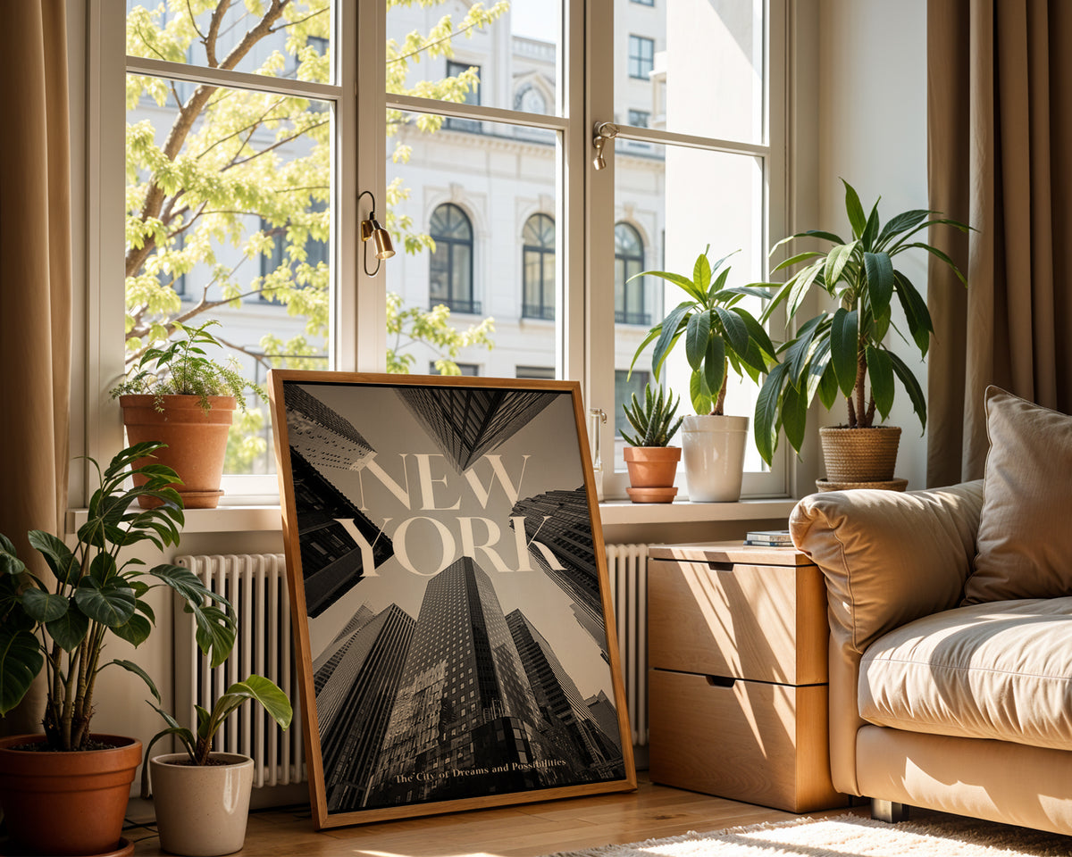 New York Dreams poster visualiserad på vägg – se rätt storlek med mockup från Bozetto