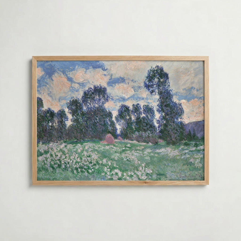 Claude Monet Spring Meadow Giverny 1890 affisch i ljus ekram med naturligt träutseende – Bozetto