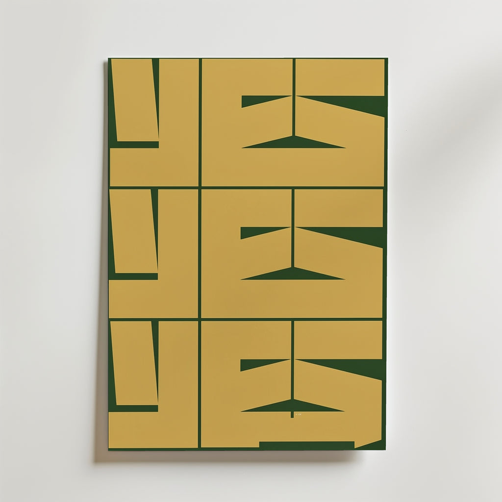 Mustard Yes Poster – YES i geometrisk typografi i senapsgult och djupgrön