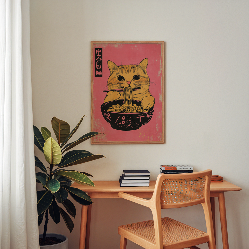 Yellow Cat Eats Noodle – affisch med stilfullt motiv från Bozetto i hög kvalitet