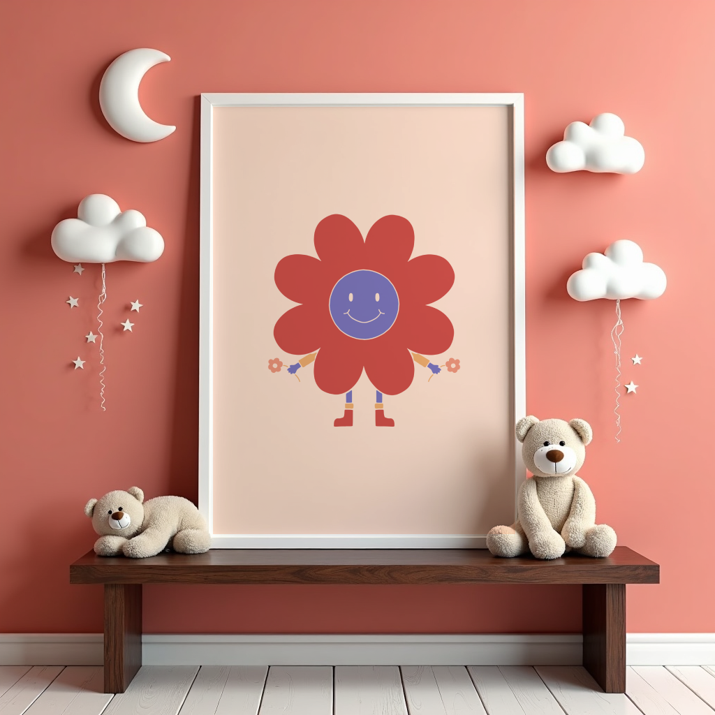 Mockup av Happy Flower Character affisch på vägg – köp enkelt hos Bozetto i hög kvalitet