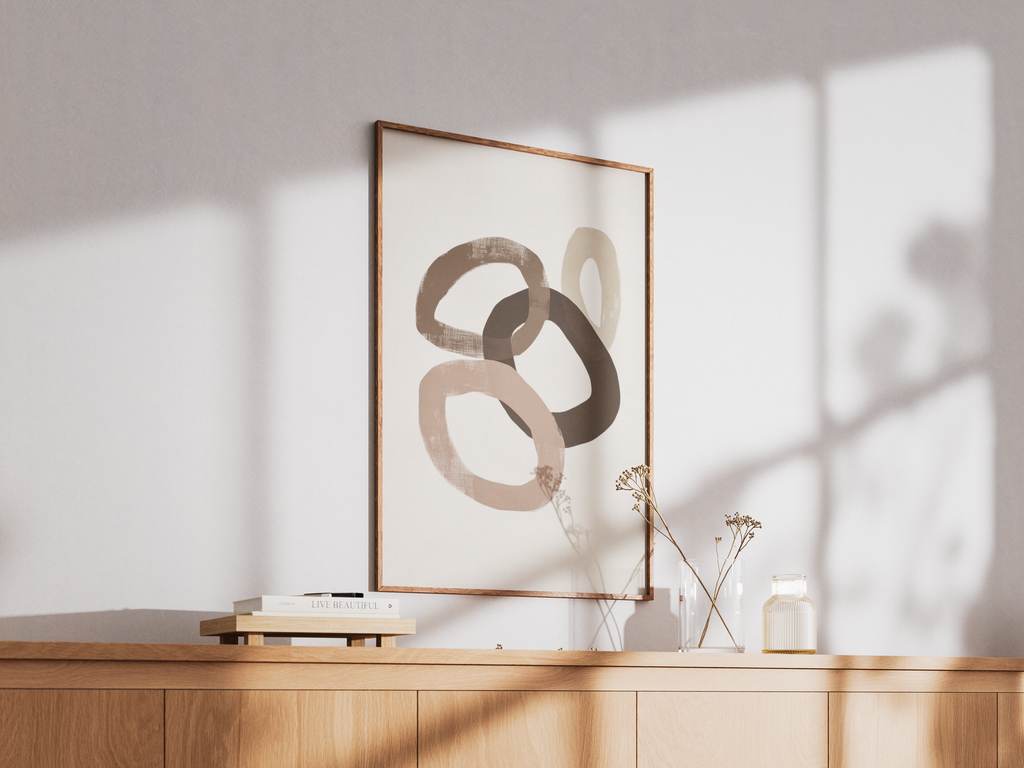 Väggmockup av Muted Circles affisch på ljus tegelvägg – Bozetto konsttryck i hög tryckkvalitet