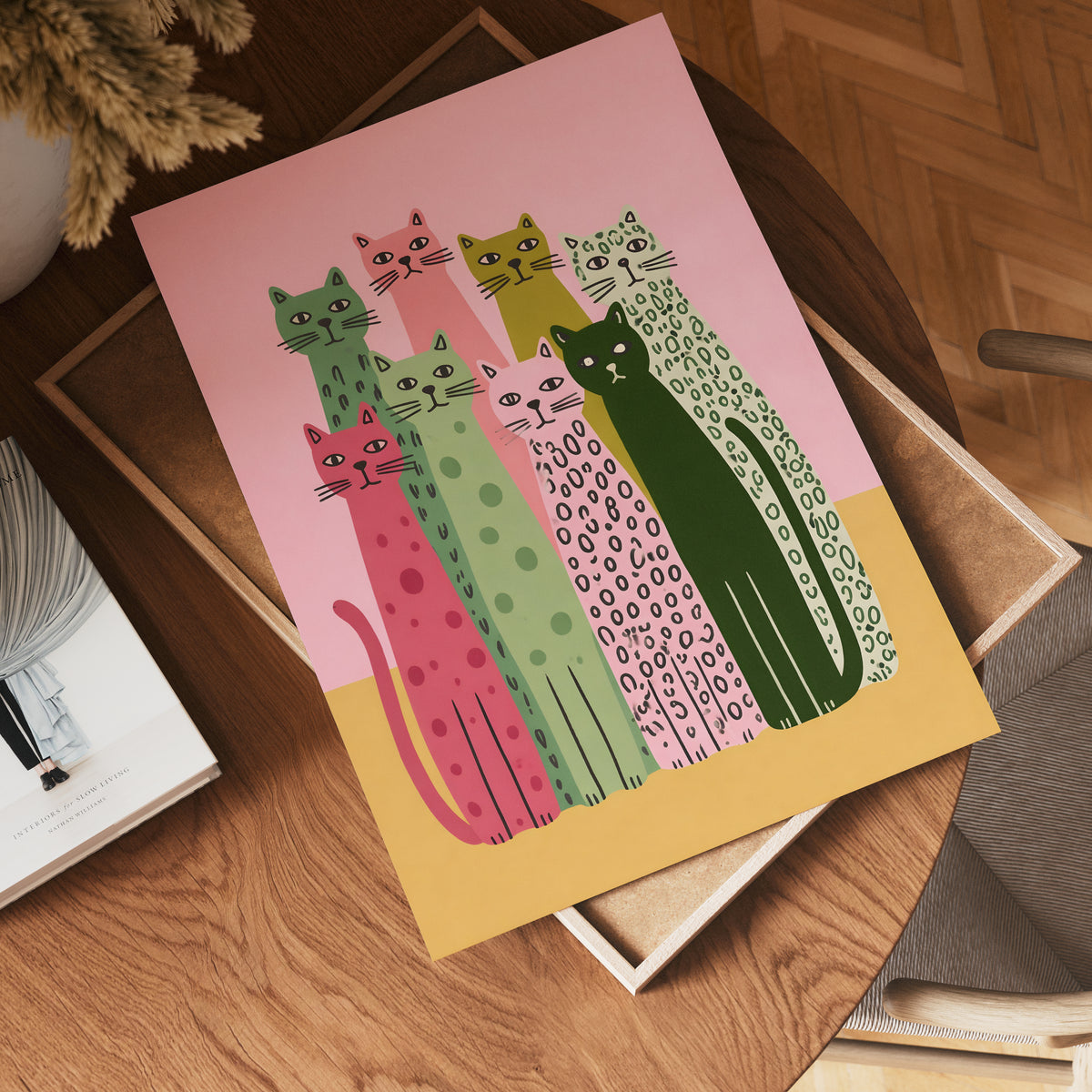 Colorful Cat Lineup affisch på vit bakgrund – köp enkelt hos Bozetto i hög kvalitet