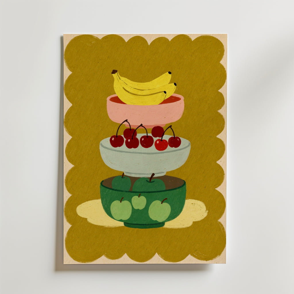 Stacked Bowls Poster – illustration av tre staplade skålar med bananer, körsbär och äpplen
