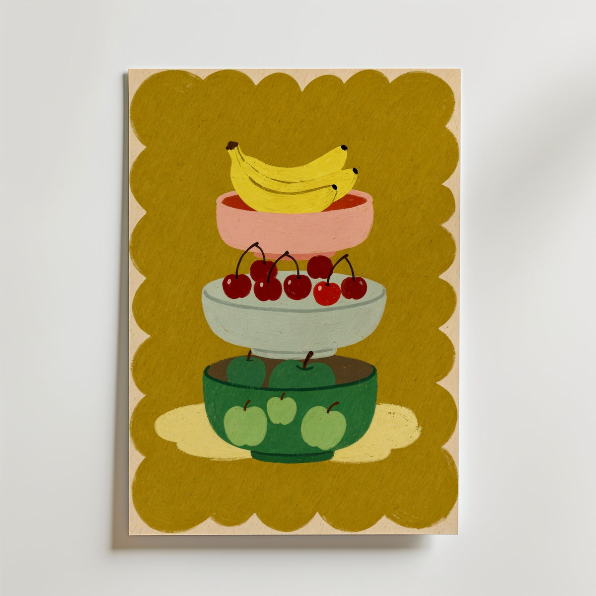 Stacked Bowls Poster – illustration av tre staplade skålar med bananer, körsbär och äpplen