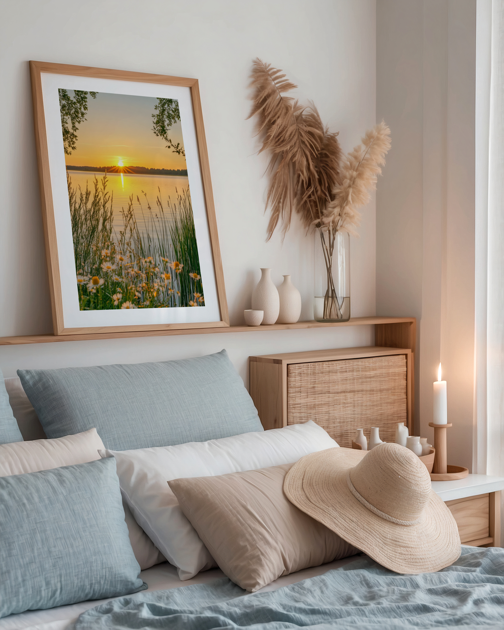 Golden Hour By The Lake Poster mockup på vägg – inramad konstaffisch i interiör från Bozetto