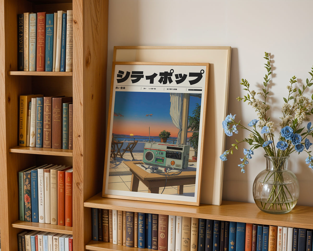 Sunset FM poster visualiserad på vägg – se rätt storlek med mockup från Bozetto i hög tryckkvalitet