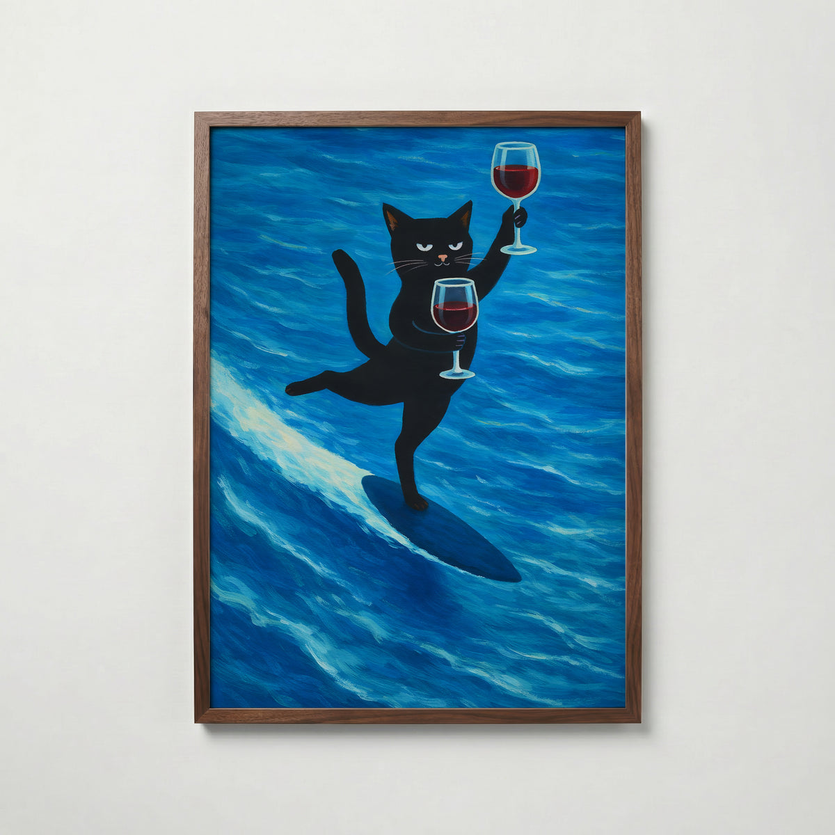Surfing Wine Cat poster visad rakt fram – Bozetto affisch i hög tryckkvalitet i hög tryckkvalitet