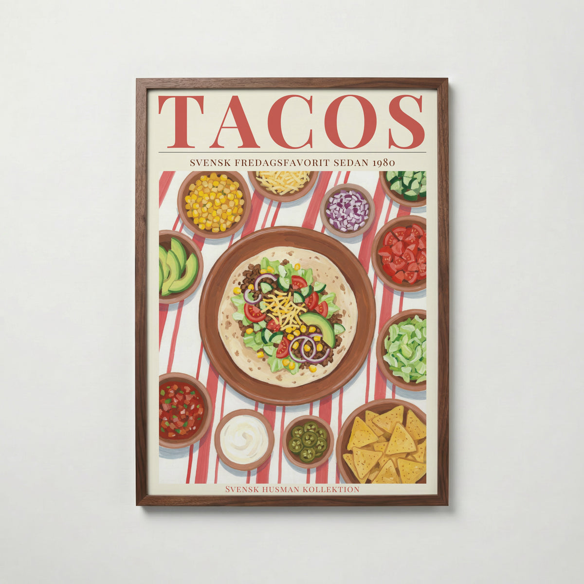 Tacos Fredag konsttryck på vit bakgrund – elegant Bozetto affisch för hemmet i hög tryckkvalitet