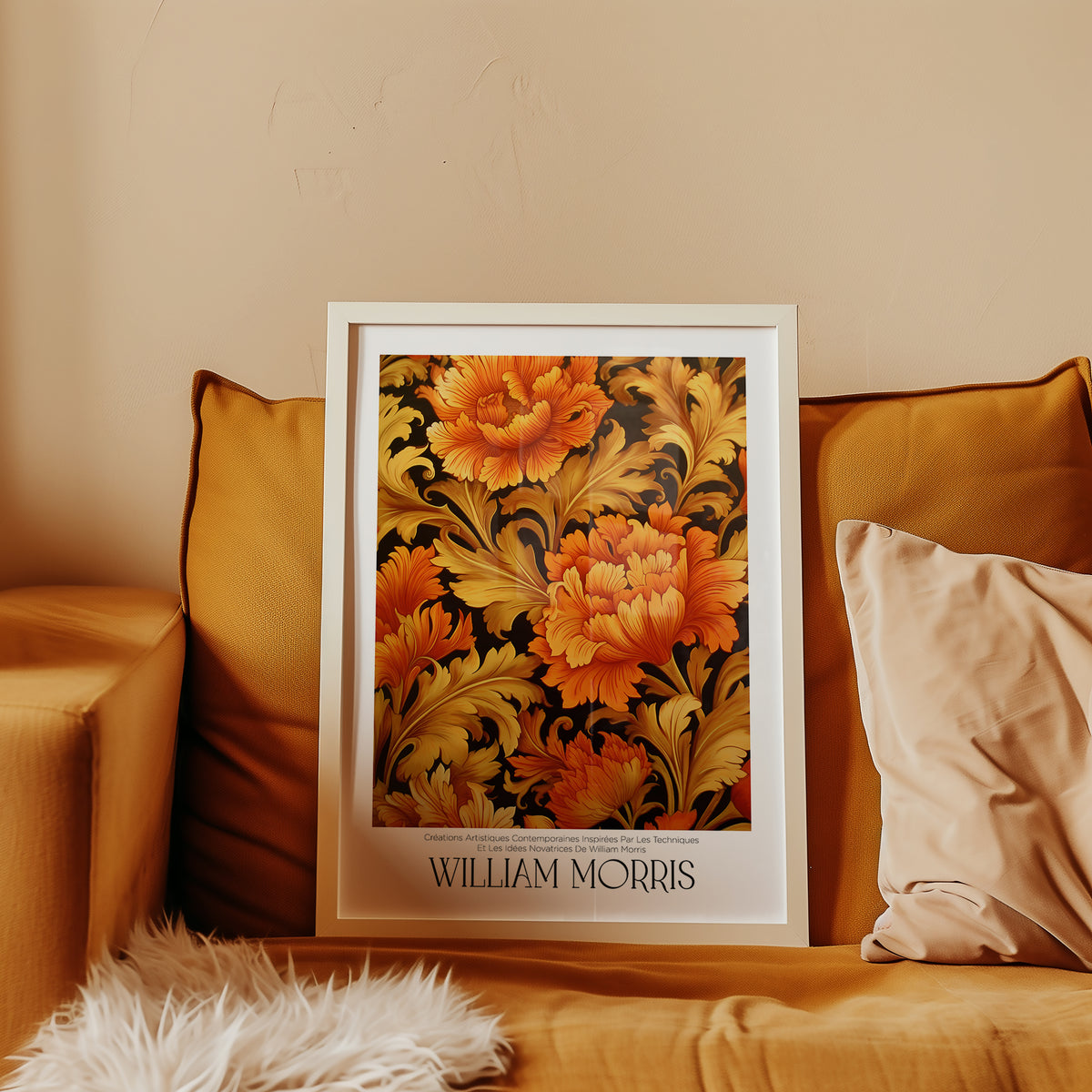 Mockup av William Morris Amber Florals affisch på vägg – köp enkelt hos Bozetto i hög kvalitet