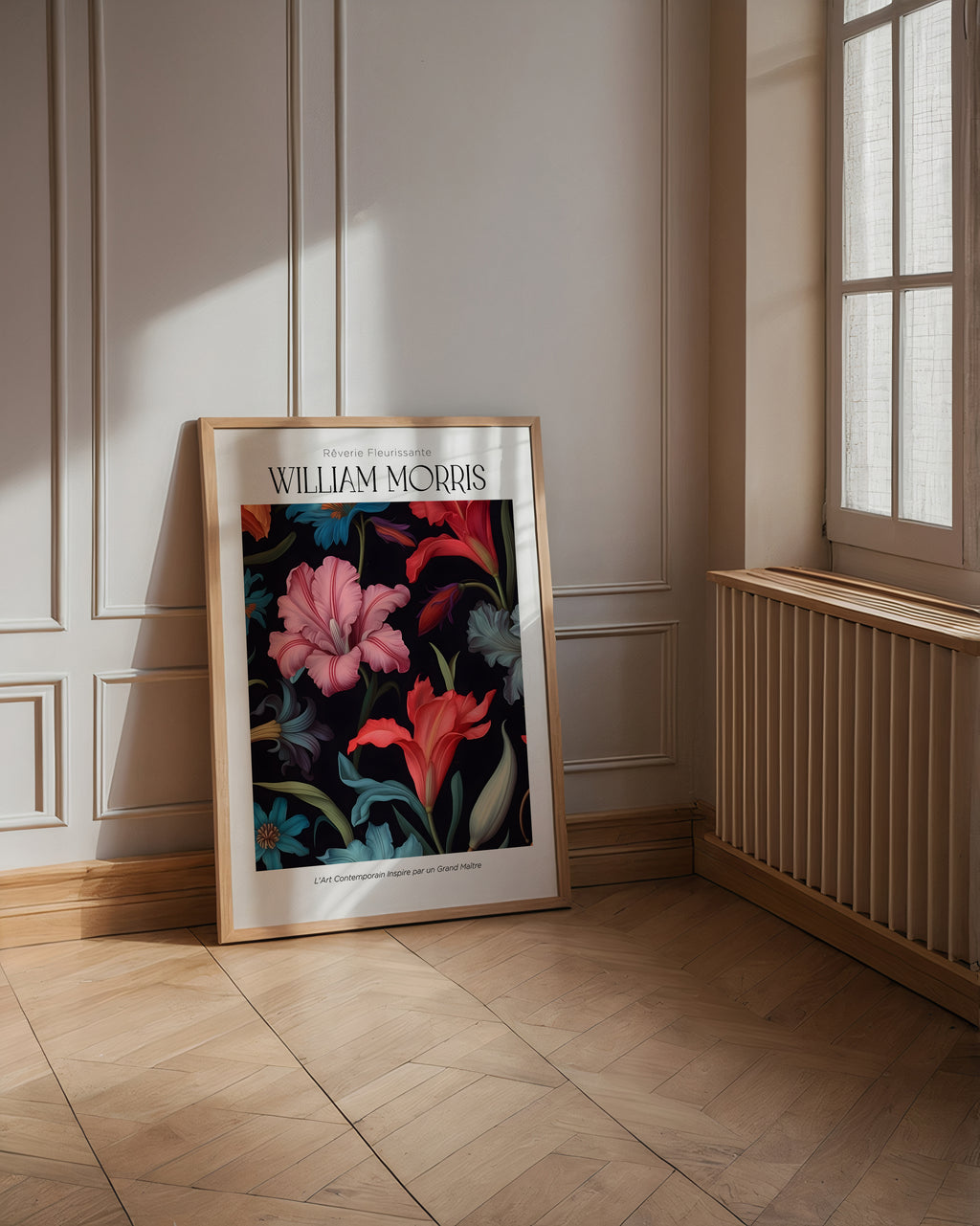Mockup av William Morris Midnight affisch på vägg – köp enkelt hos Bozetto i hög kvalitet