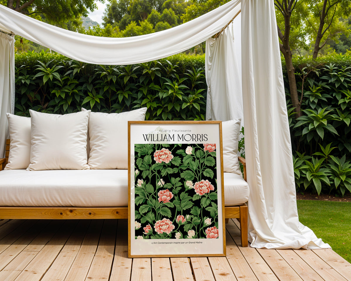 Mockup av William Morris Rose Garden affisch på vägg – köp enkelt hos Bozetto i hög kvalitet