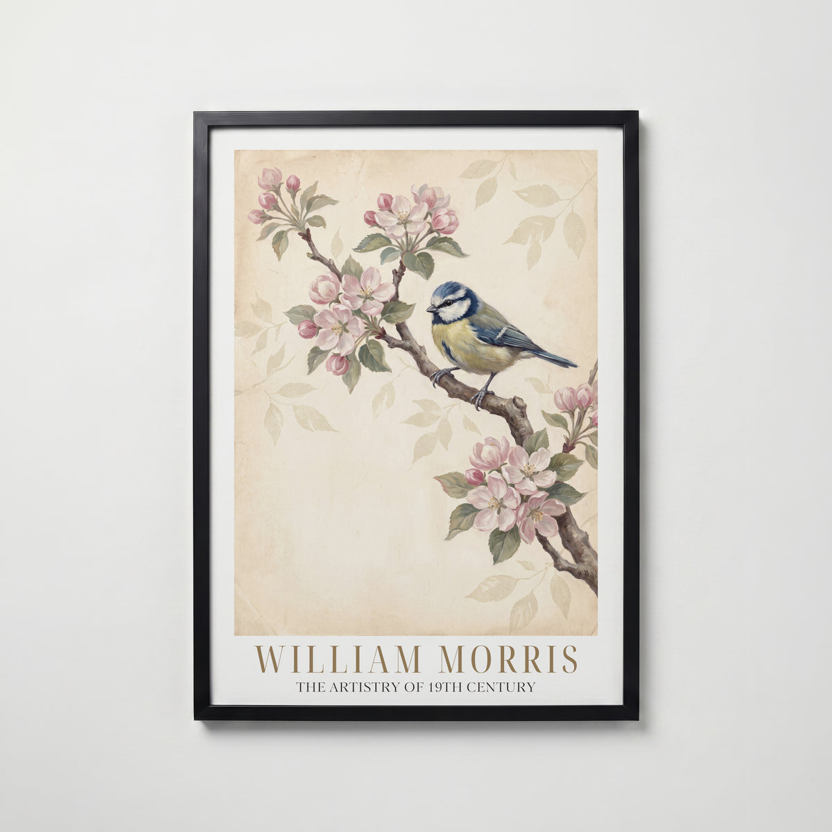 William Morris Blue Tit in Apple Blossom Poster – svart ram