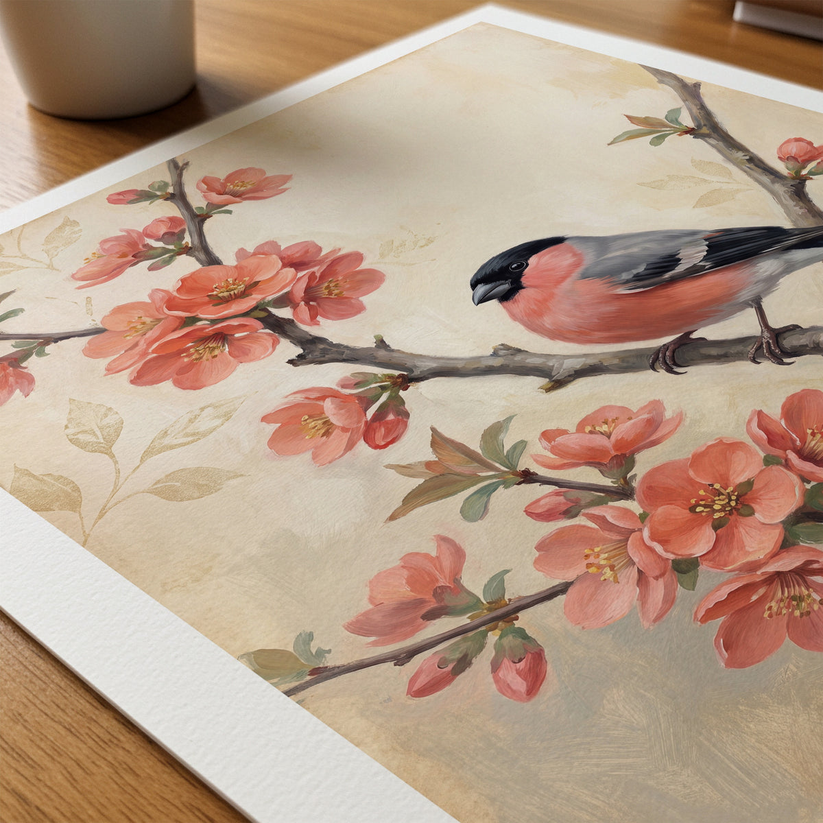 William Morris Bullfinch on Flowering Quince Poster – närbild på papper