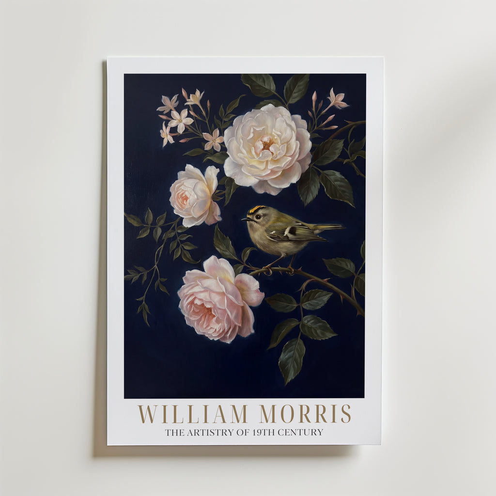 William Morris Goldcrest in Midnight Roses Poster – med passepartout