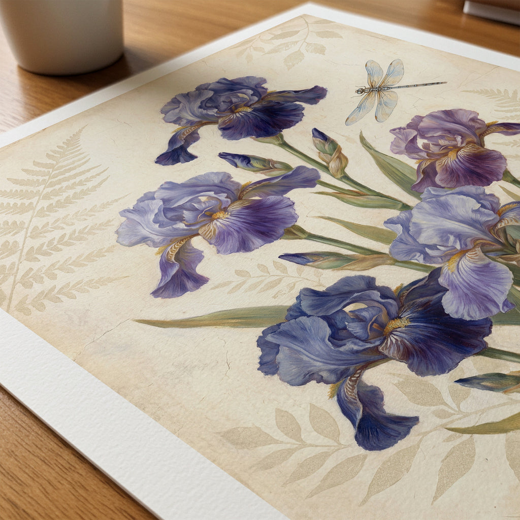 William Morris Irises and Dragonfly Poster – närbild på papper