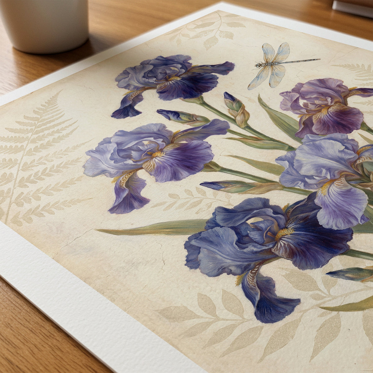 William Morris Irises and Dragonfly Poster – närbild på papper