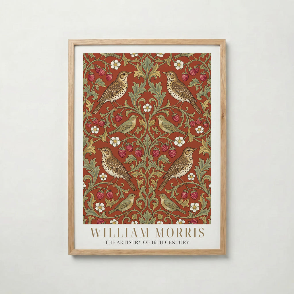William Morris Thrushes and Strawberries on Terracotta Poster – ekram