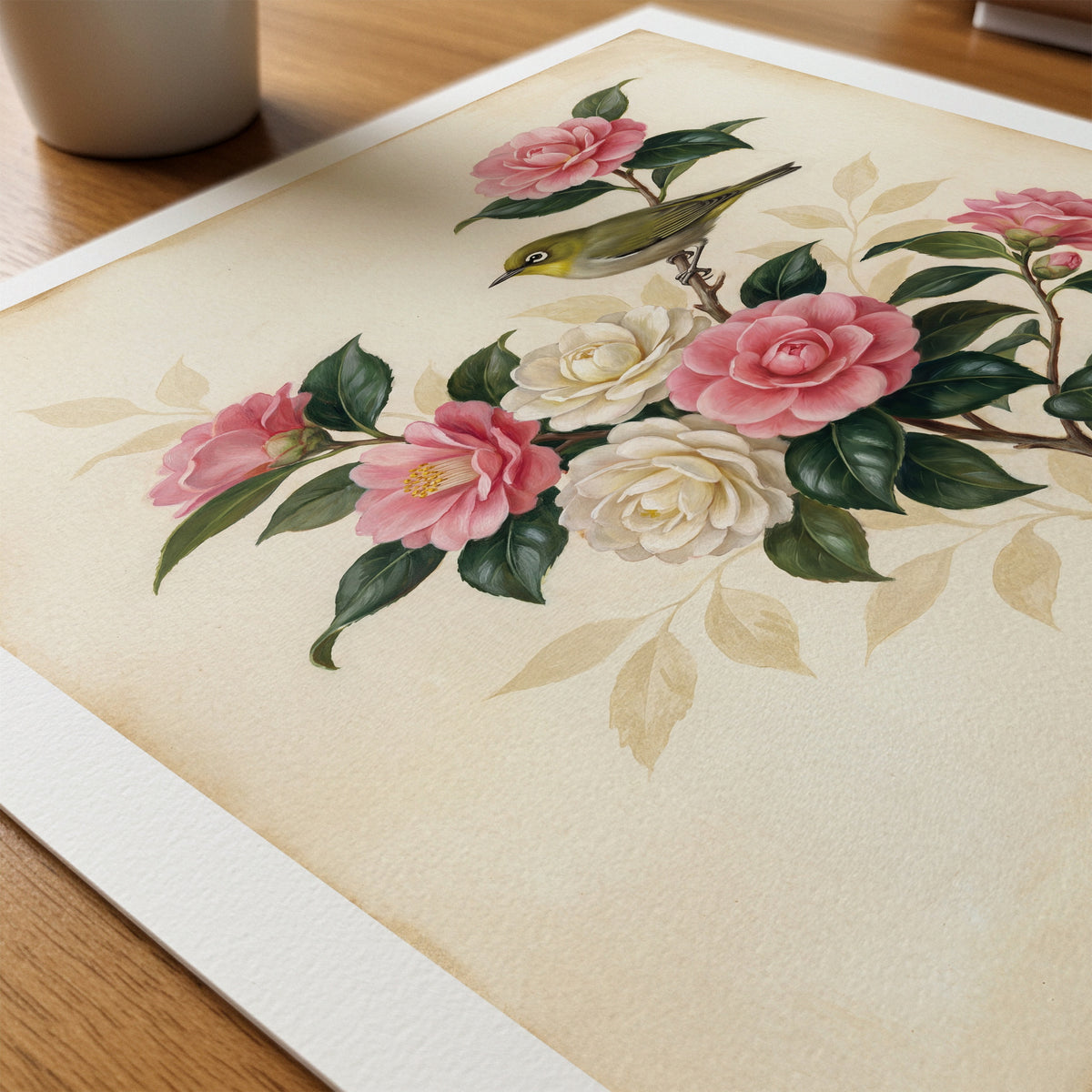 William Morris White-Eye and Camellias Poster – närbild på papper