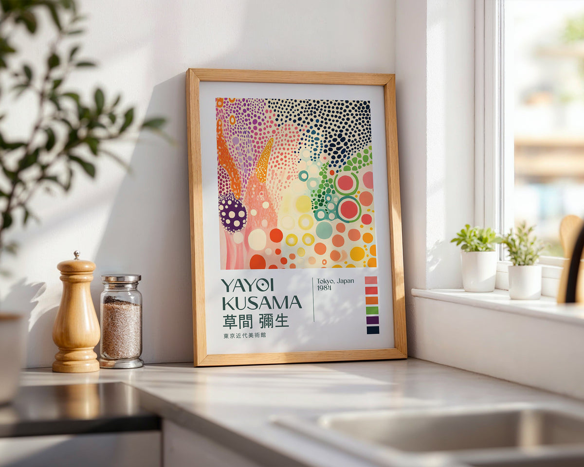 Affischmockup för Yayoi Kusama Kaleidoscope – köp enkelt hos Bozetto i hög kvalitet