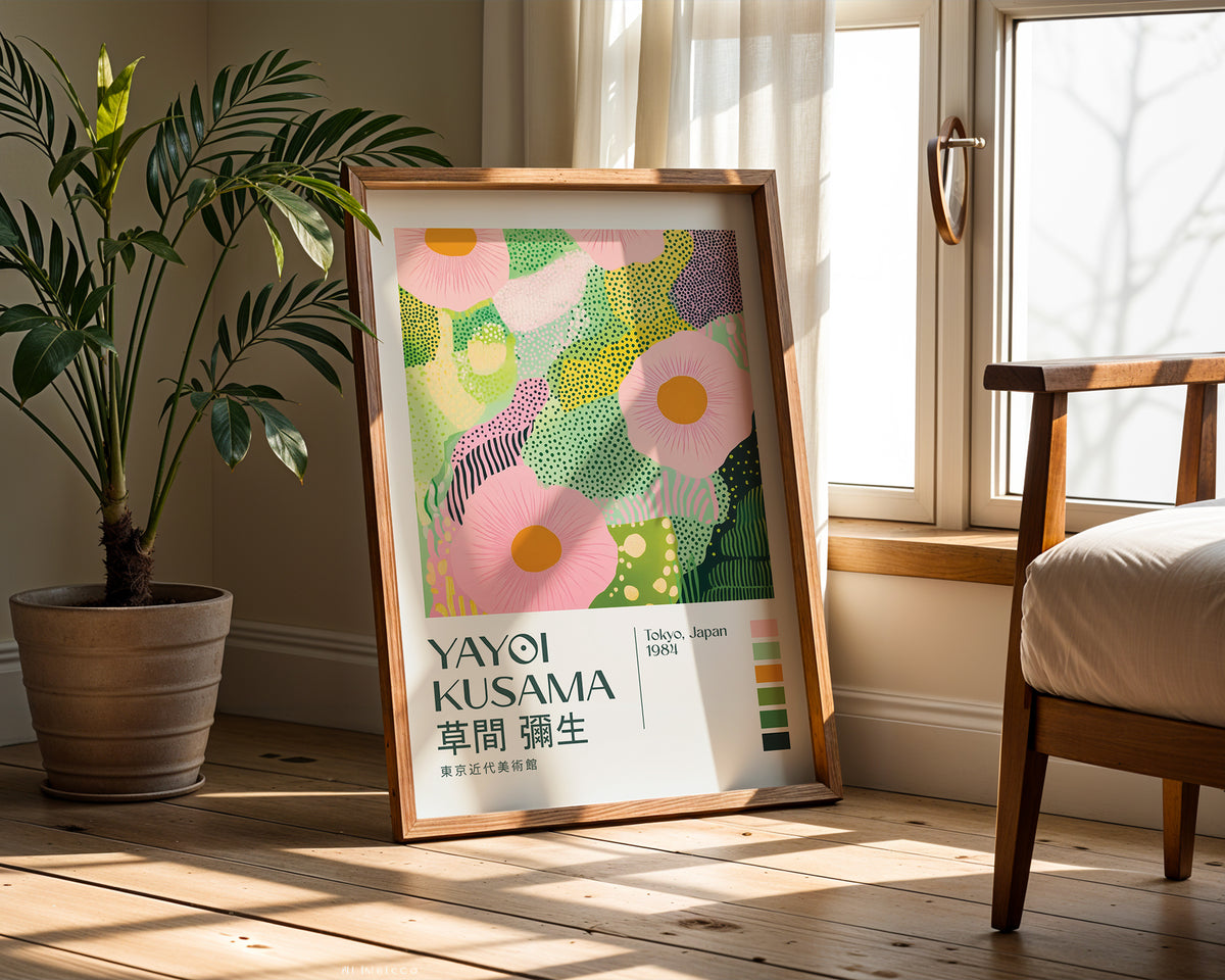Väggmockup med Yayoi Kusama Soft Green – köp enkelt hos Bozetto affisch i hög kvalitet