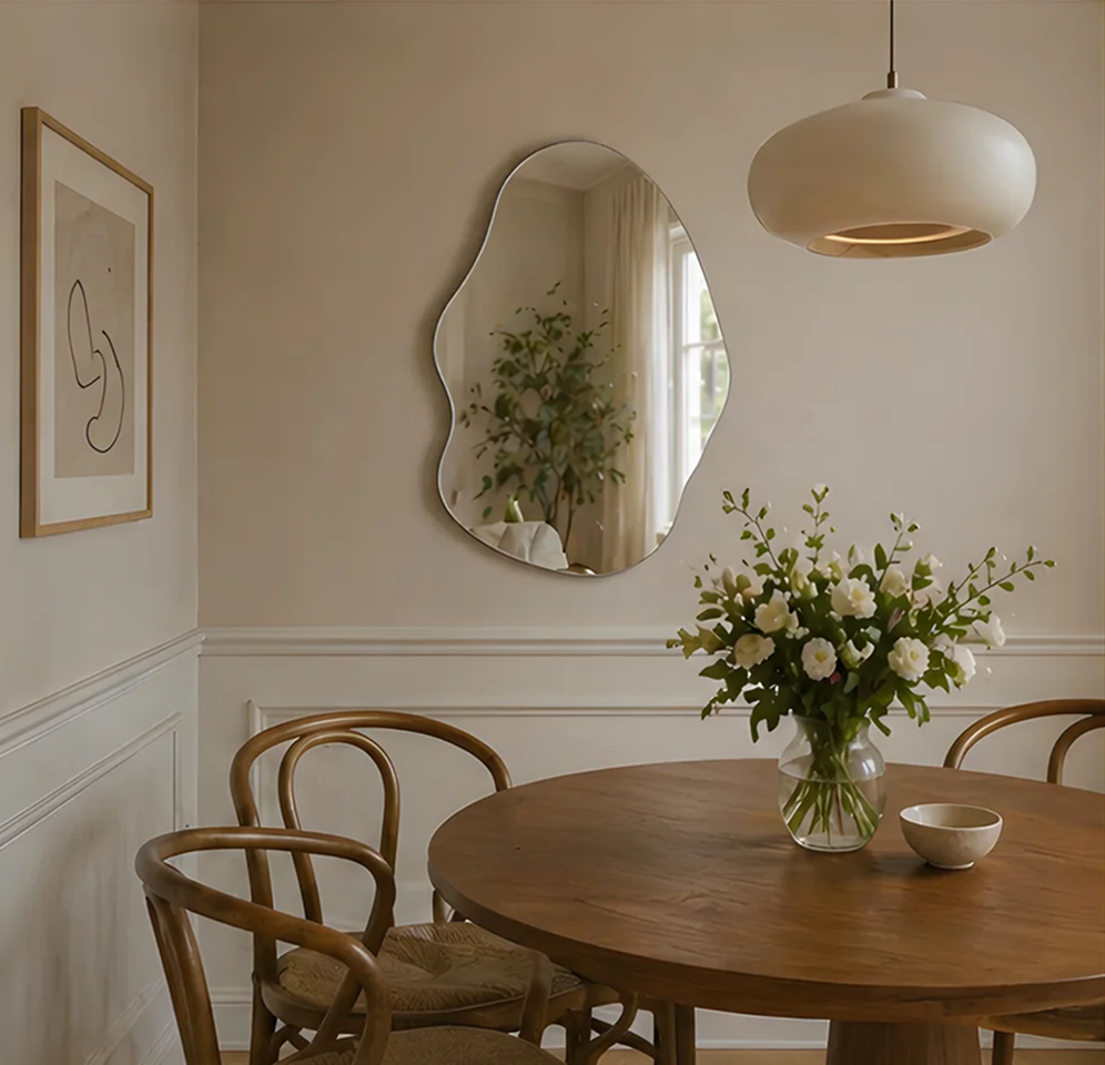 Asymmetrisk spegel på en ljus vägg ovanför ett runt träbord med vita blommor