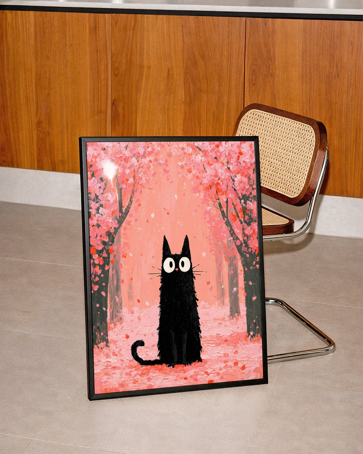Cat in Cherry Blossom Poster pa vaggen i ett modernt hem