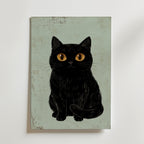 Curious Cat Poster, naivistisk svart katt med stora gula ögon som canvastavla, väggkonst från Bozetto
