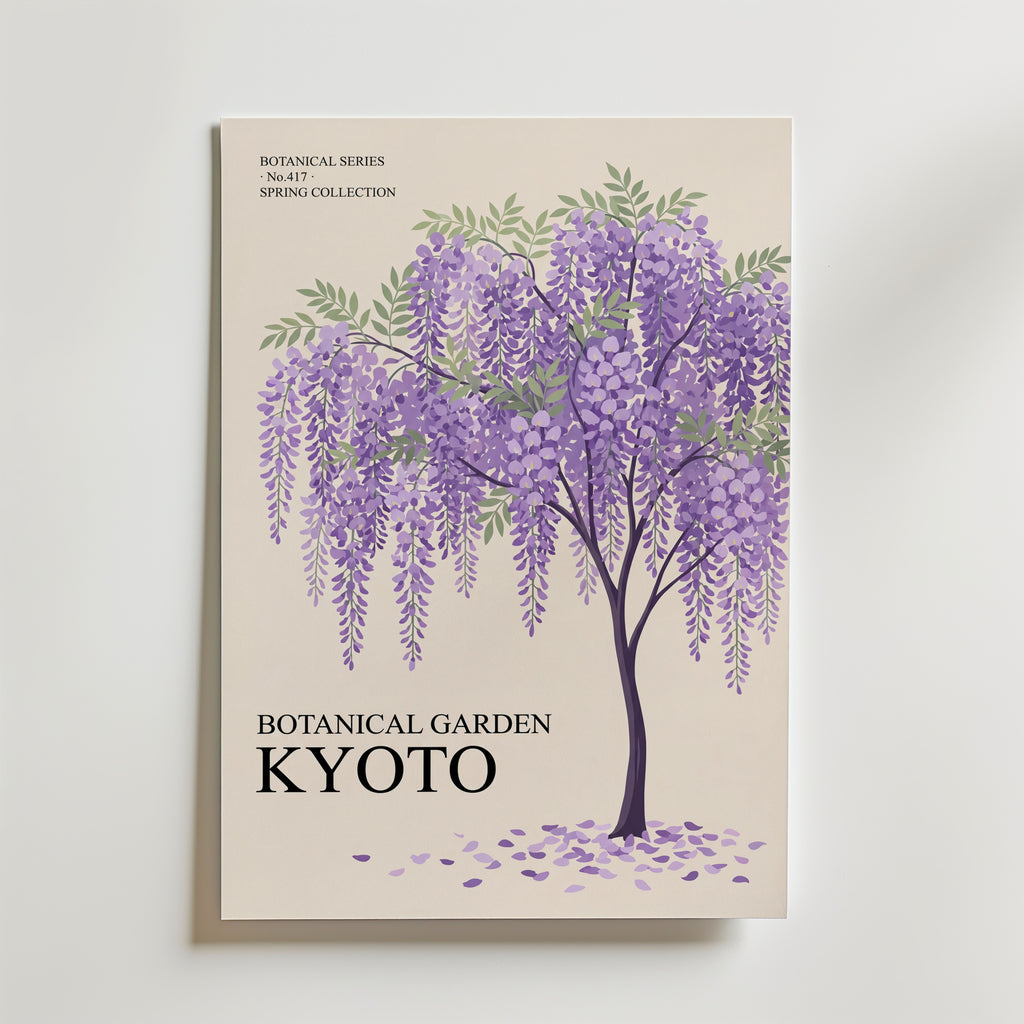 Botanical Garden Kyoto – grafisk affisch med lila blåregn på creme, tryckt i Sverige hos Bozetto