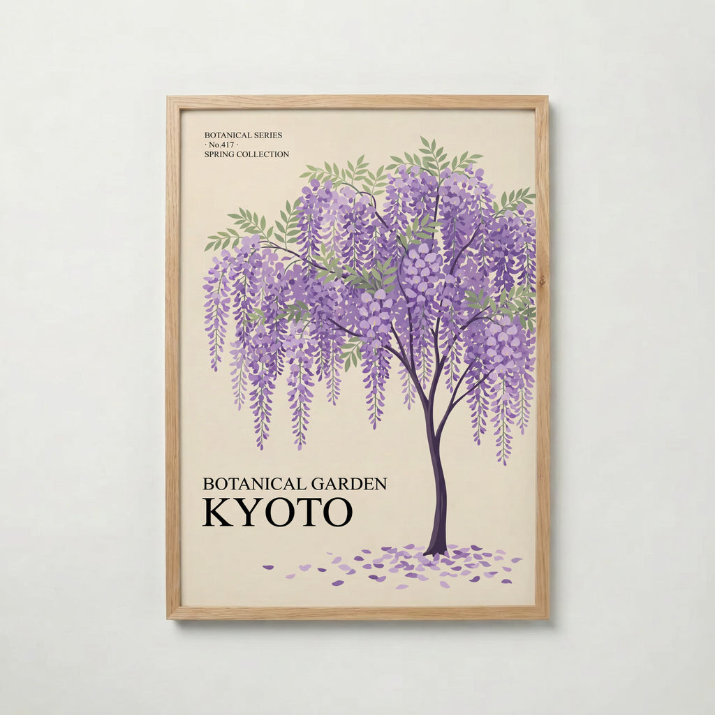 Botanical Garden Kyoto i ekram, botanisk affisch med blåregn från Bozetto